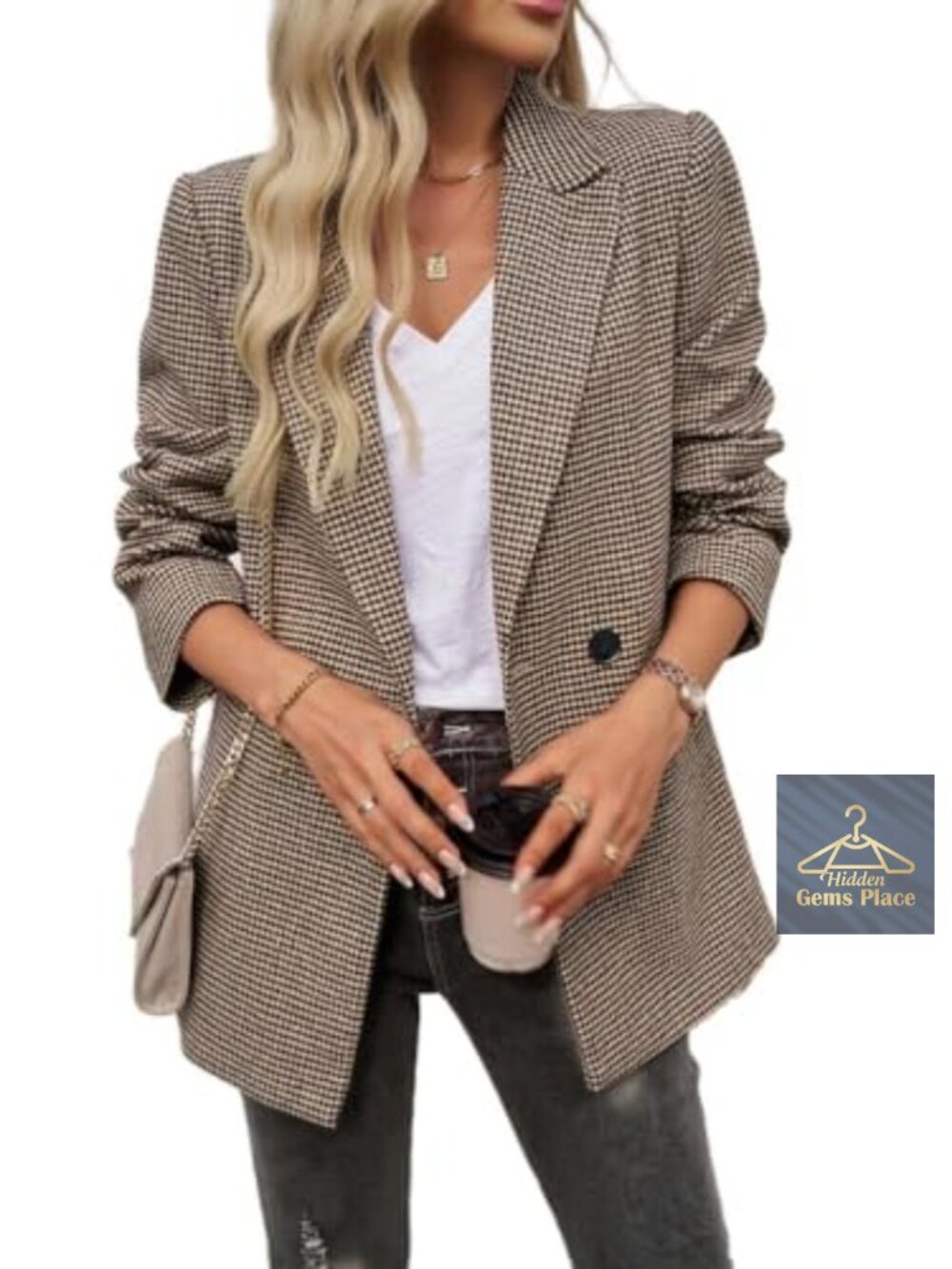 Womens Open Front Houndstooth Blazer Long Sleeve Notch Lapel Business Casual
